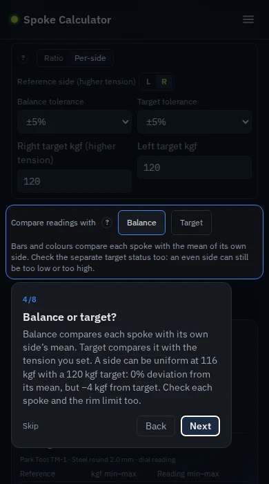 Mobile tension guide, step 4 of 8, explaining Balance and Target beside their selector, with Back and Next inside the screen.