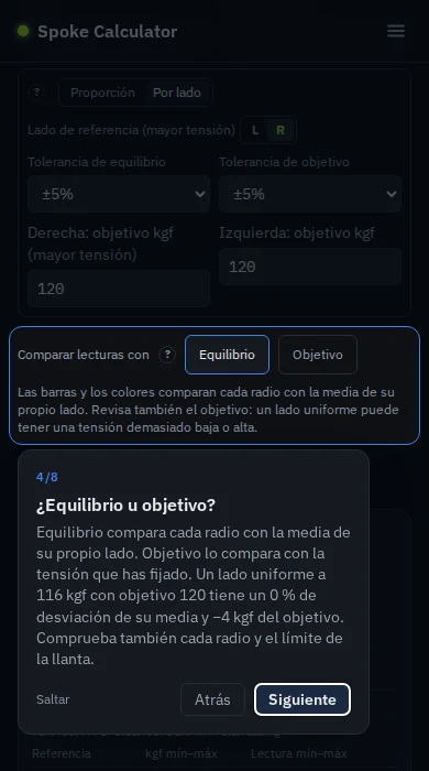 Guía de tensión en móvil, paso 4 de 8, explicando Equilibrio y Objetivo junto a su selector, con Atrás y Siguiente dentro de la pantalla.